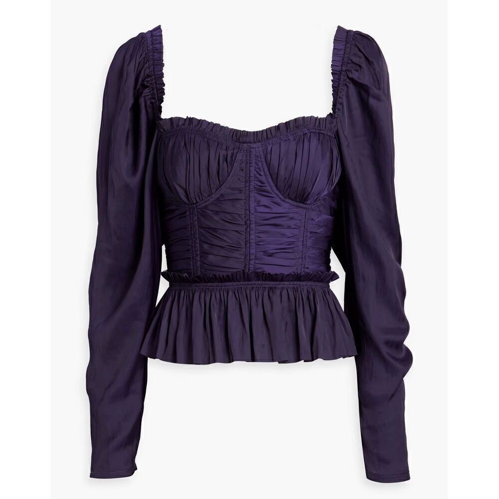 ULLA JOHNSON Mia ruched satin peplum blouse in Purple NWT Size 4